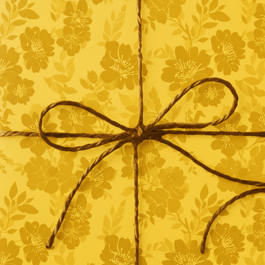 Mustard yellow floral wrapping paper with a rustic twine bow.