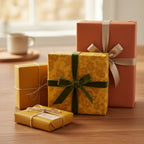 Elegant gifts wrapped in floral wrapping paper with velvet and satin ribbons.