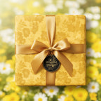 Elegant yellow floral wrapping paper with gold ribbon bow, perfect for birthday or spring gift.