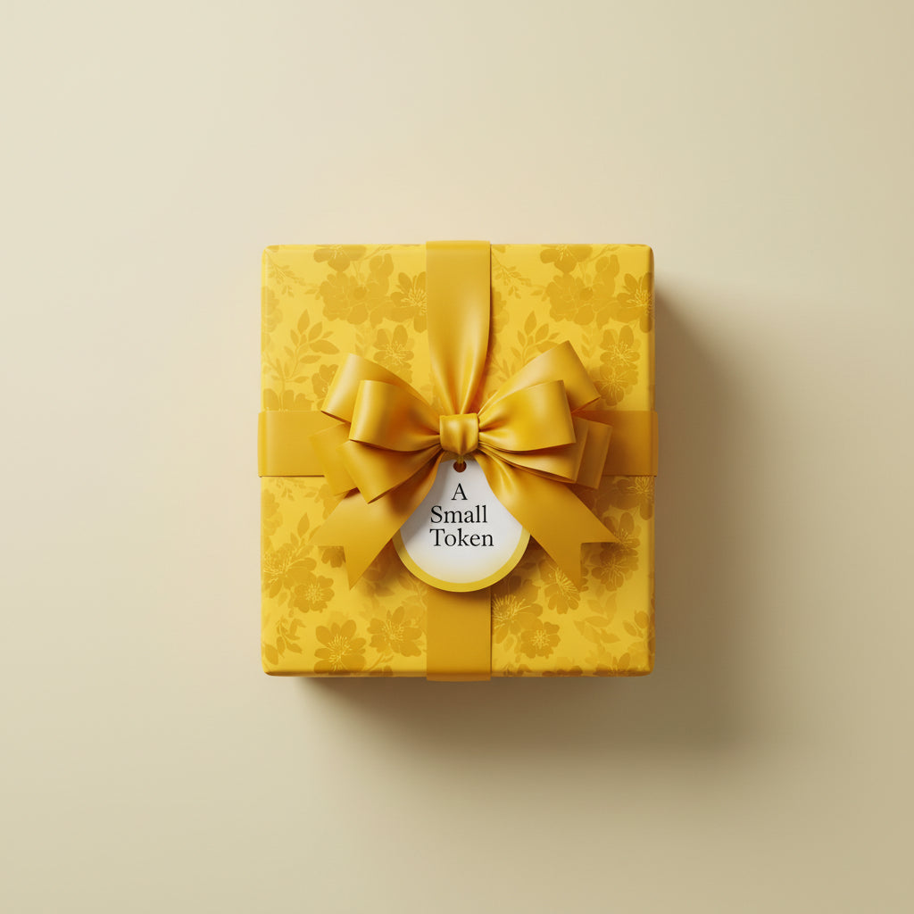 Square gift wrapped in yellow floral wrapping paper, satin bow, and a tag that reads "A Small Token."
