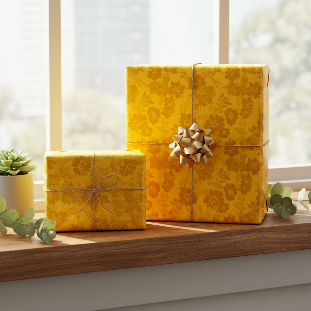 Golden yellow floral wrapping paper on gifts with ribbon and twine, perfect for birthdays or any celebration.