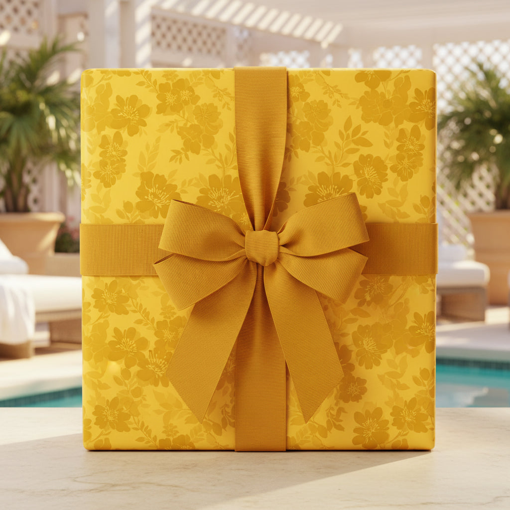 Elegant yellow floral wrapping paper with a matching bow on a square gift box, perfect for birthdays.