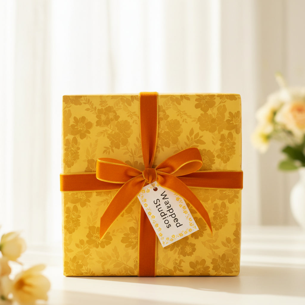 Elegant gold floral wrapping paper on a square gift box with a velvet amber ribbon and bow.