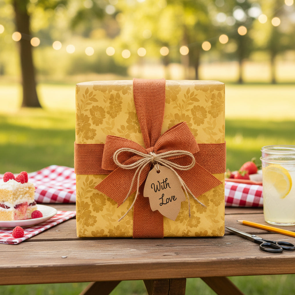 Floral wrapping paper in mustard yellow with burlap ribbon, perfect for a birthday gift.