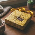 Warm floral wrapping paper with twine bow on a square gift box, tag says "For You."