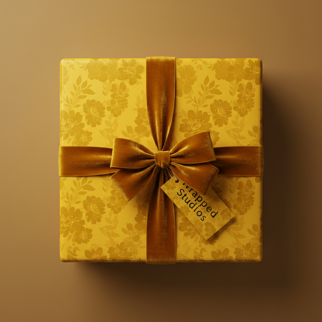 Square gift wrapped in golden floral wrapping paper with a velvet ribbon and bow.
