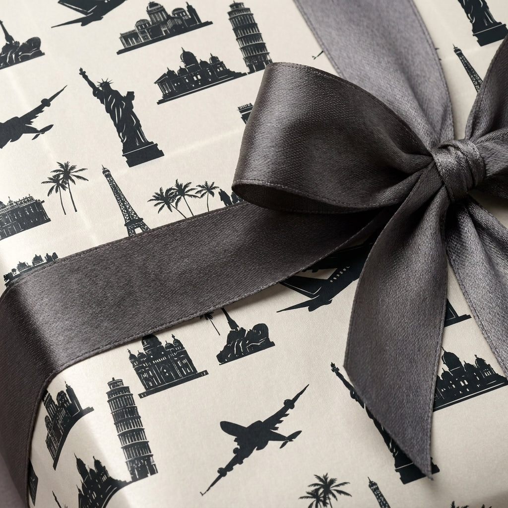 Travel wrapping paper with black landmarks and a grey ribbon, unique gift wrap by Wrapped Studios.