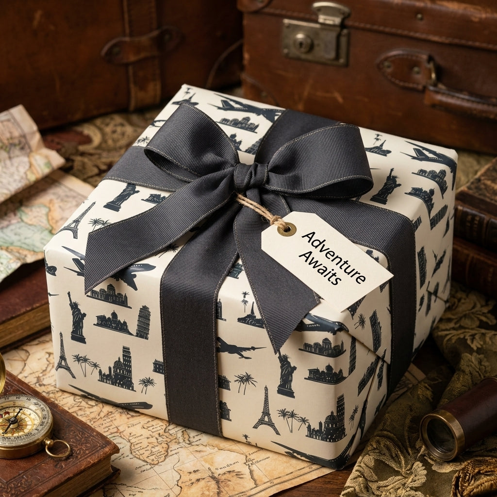 Vintage travel wrapping paper with world landmarks, grey bow, and gift tag by Wrapped Studios.