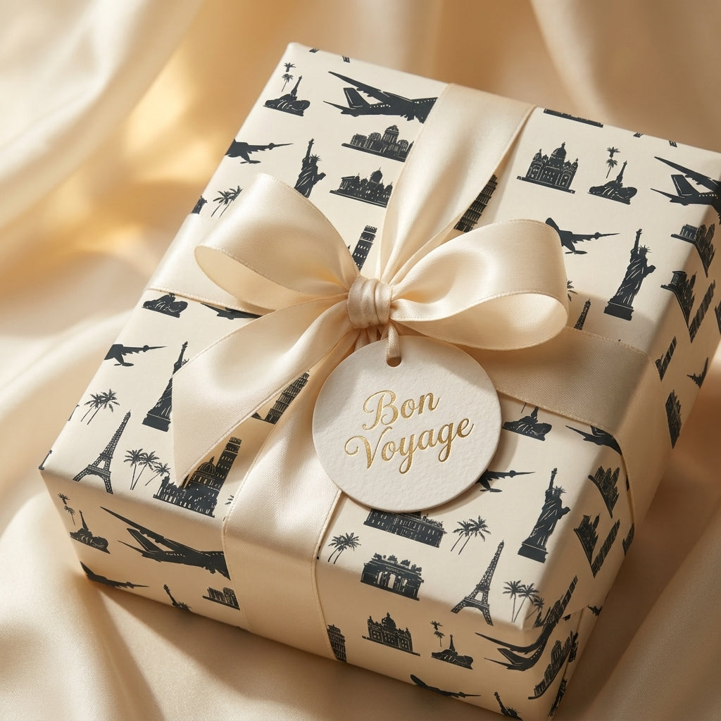 Luxury travel wrapping paper with landmarks and a satin bow, Bon Voyage gift wrap by Wrapped Studios.