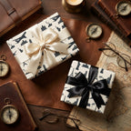 Vintage travel wrapping paper featuring world landmarks and satin bows by Wrapped Studios.