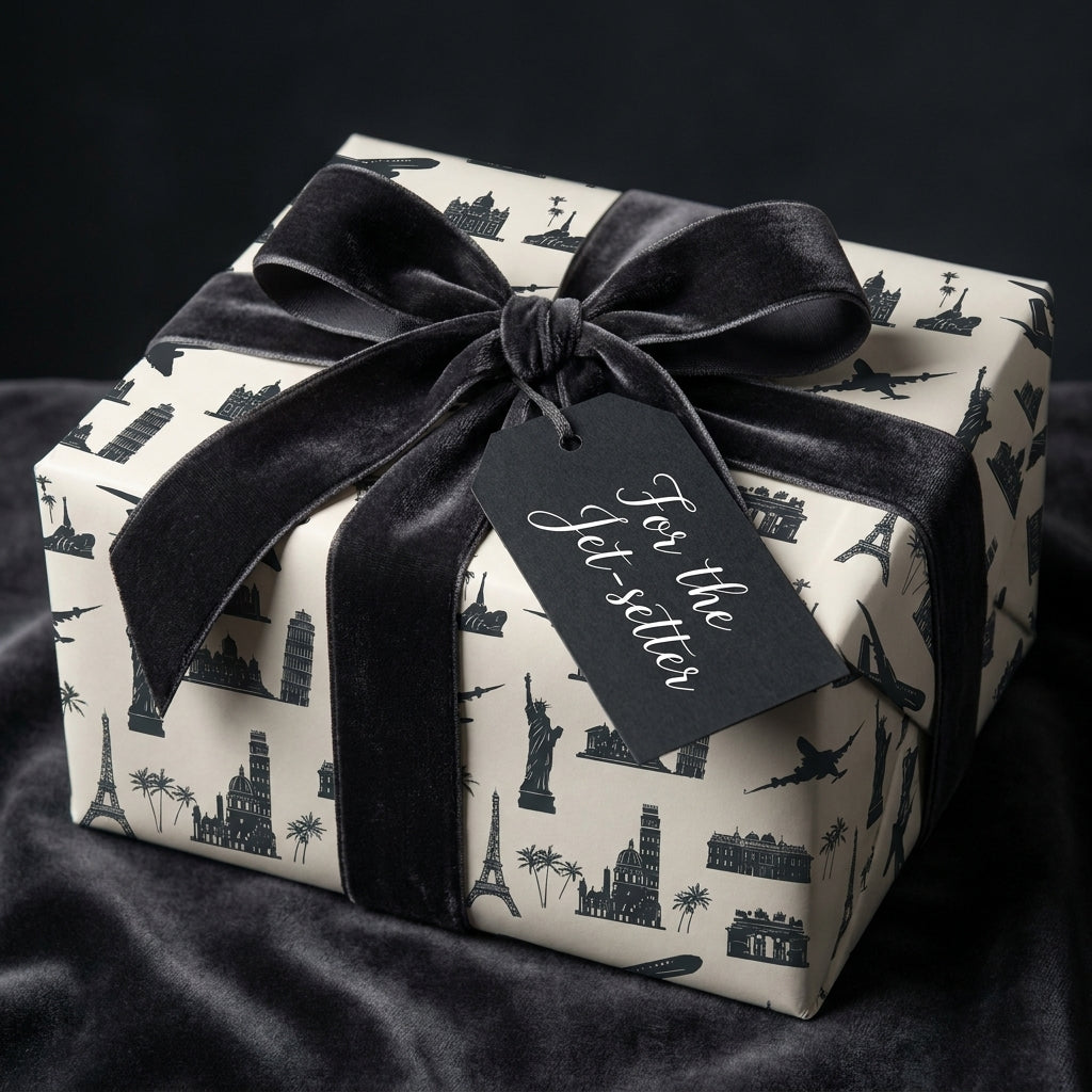 Luxury travel gift wrap with black world landmarks and a velvet bow by Wrapped Studios.