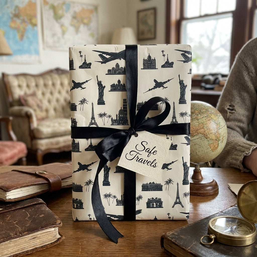 Vintage travel wrapping paper with black landmarks, ribbon, and Safe Travels tag by Wrapped Studios.