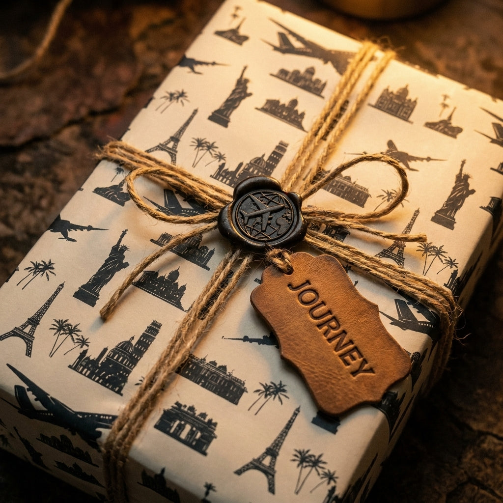 Vintage travel wrapping paper with landmark pattern, twine, and journey tag by Wrapped Studios.
