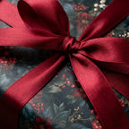 Luxury Christmas gift wrap with dark floral botanical pattern and red satin bow by Wrapped Studios.