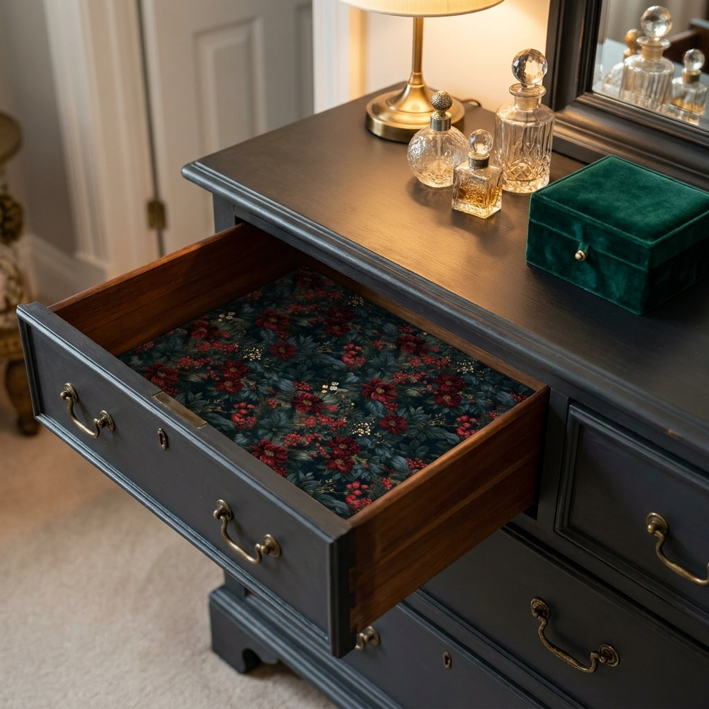 Vintage floral wrapping paper used as luxury drawer liner in a dark dresser by Wrapped Studios.