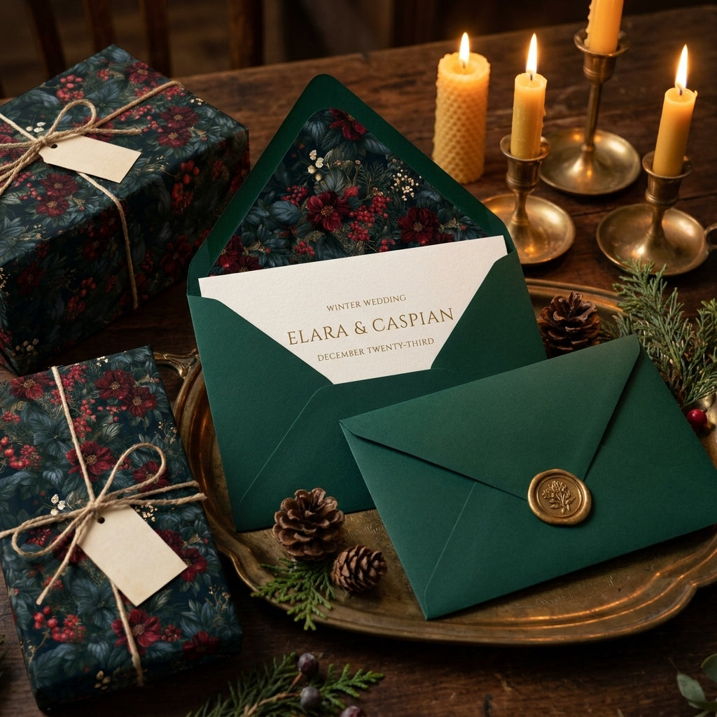Dark floral winter wedding wrapping paper and emerald green envelopes by Wrapped Studios.