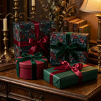 Vintage floral Christmas wrapping paper on elegant gift boxes with velvet ribbons by Wrapped Studios.