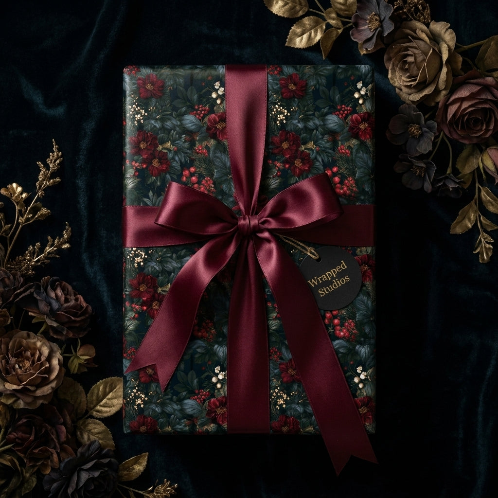 Luxury dark floral Christmas wrapping paper with a burgundy satin ribbon by Wrapped Studios.