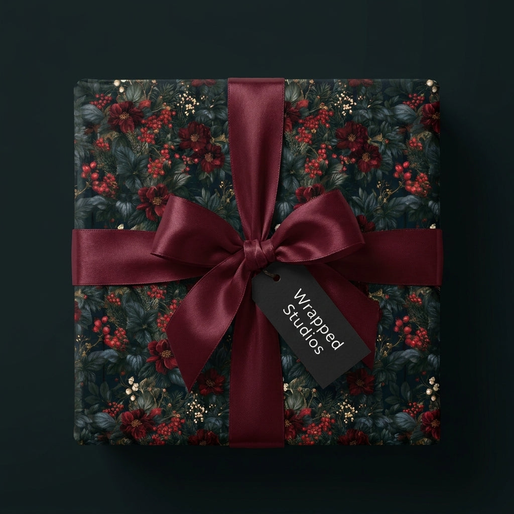 Luxury dark floral Christmas wrapping paper with burgundy satin ribbon, by Wrapped Studios.