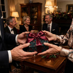 Exchanging a gift in luxury floral Christmas wrapping paper with burgundy ribbon, by Wrapped Studios.