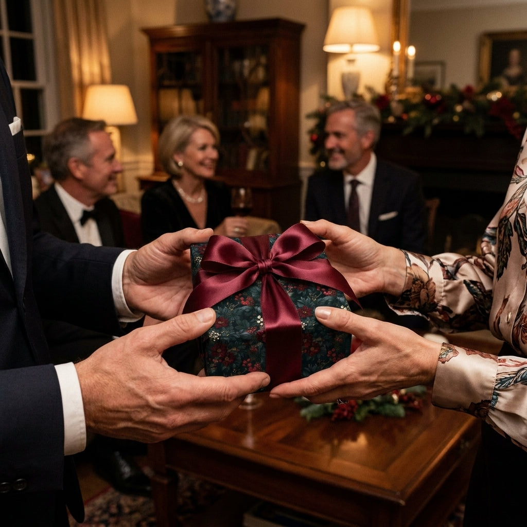 Exchanging a gift in luxury floral Christmas wrapping paper with burgundy ribbon, by Wrapped Studios.