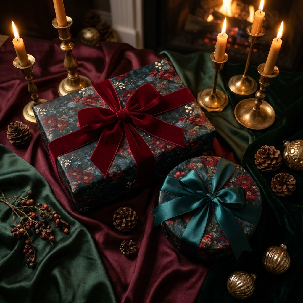 Luxury Christmas wrapping paper with vintage floral pattern and velvet ribbons by Wrapped Studios.