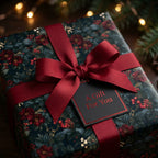 Luxury Christmas gift wrap with dark botanical floral pattern, red bow, and gift tag by Wrapped Studios.