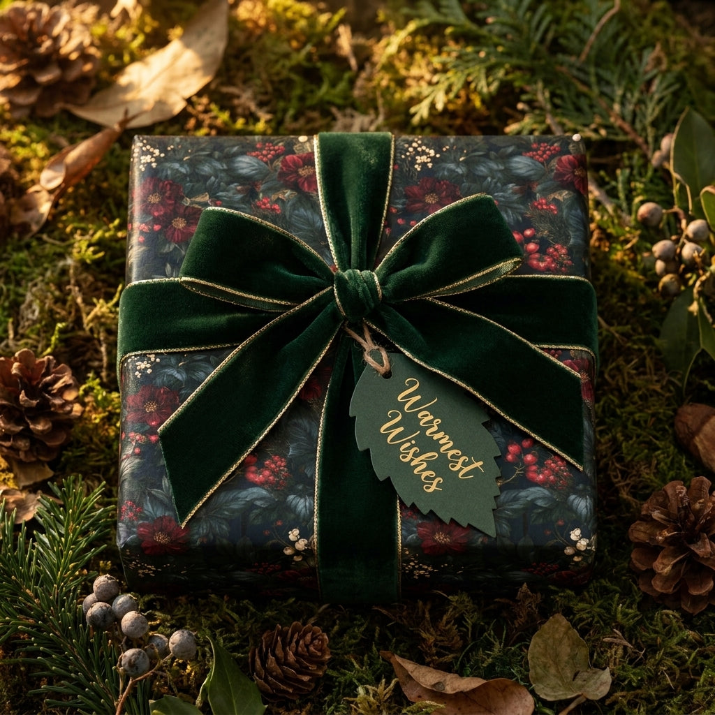 Moody floral Christmas gift wrap with green velvet ribbon and Warmest Wishes tag by Wrapped Studios.