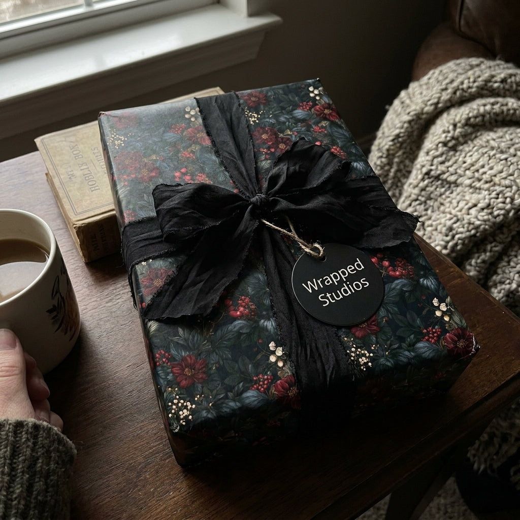 Moody floral Christmas wrapping paper with a black silk ribbon and Wrapped Studios gift tag.