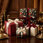Elegant Christmas wrapping paper with vintage floral designs and luxury velvet bows by Wrapped Studios.
