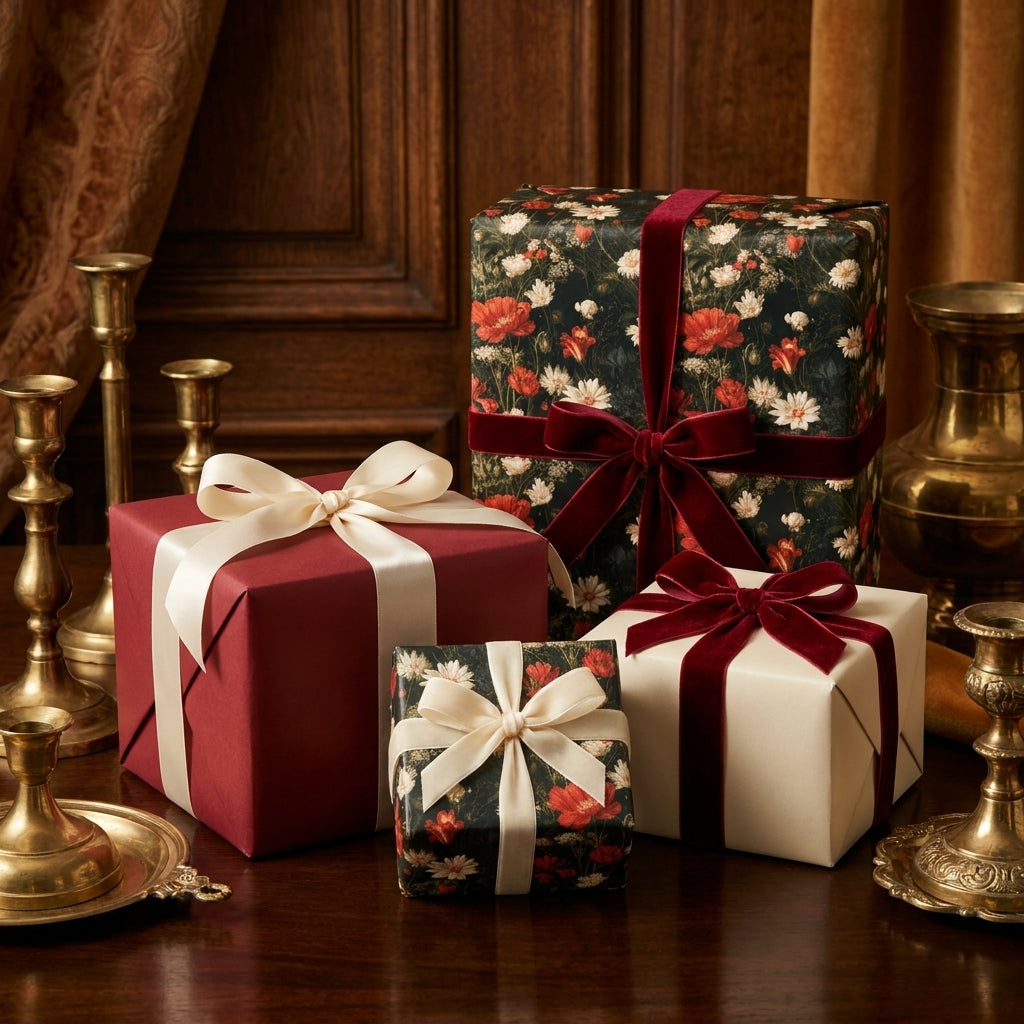 Elegant Christmas wrapping paper with vintage floral designs and luxury velvet bows by Wrapped Studios.
