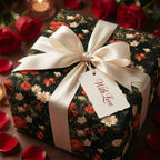 Romantic vintage floral wrapping paper with cream ribbon and With Love tag by Wrapped Studios.