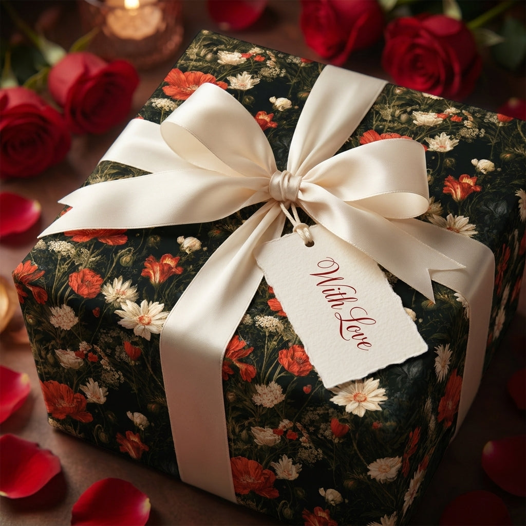 Romantic vintage floral wrapping paper with cream ribbon and With Love tag by Wrapped Studios.