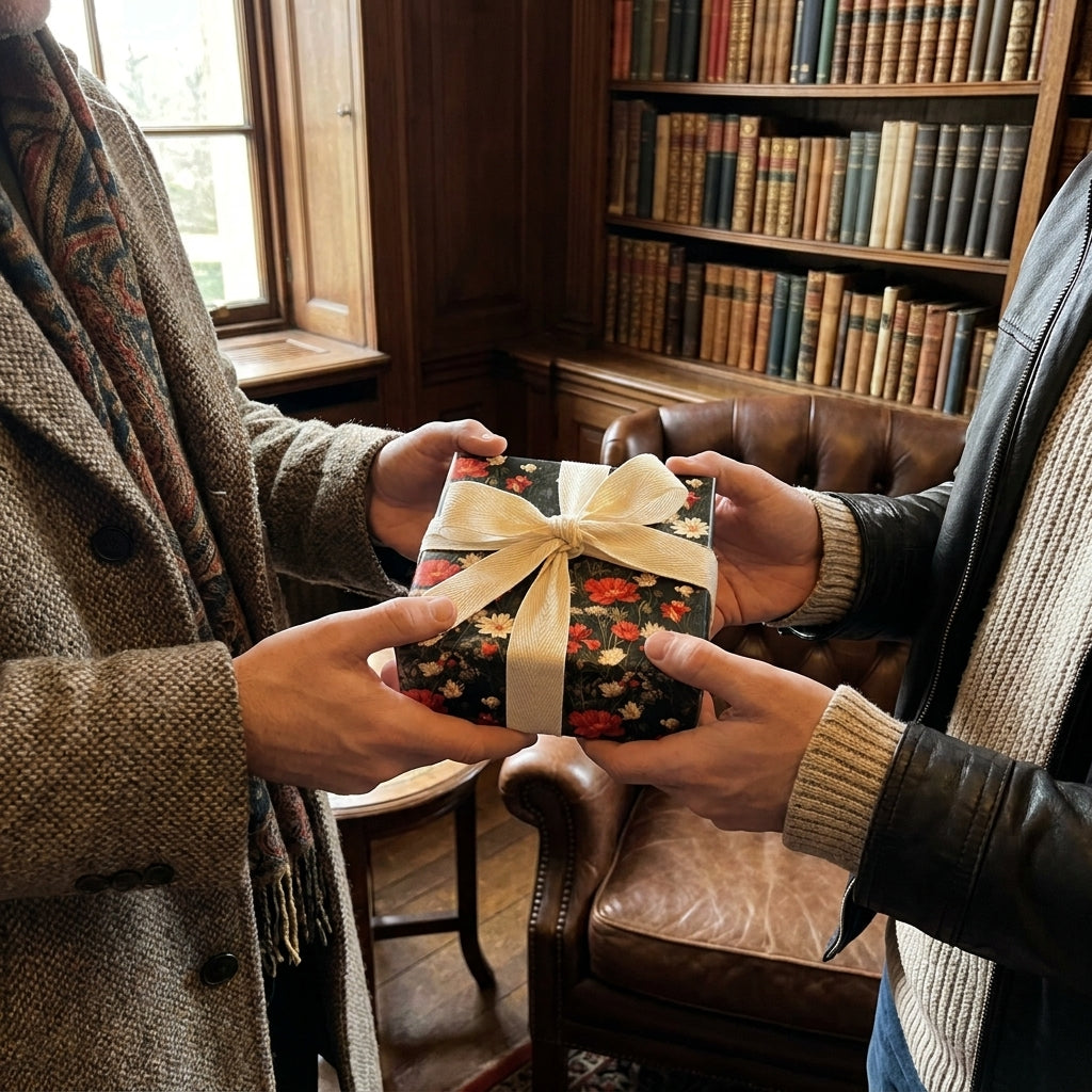 Two men exchange a gift in vintage floral wrapping paper with a cream bow, by Wrapped Studios.