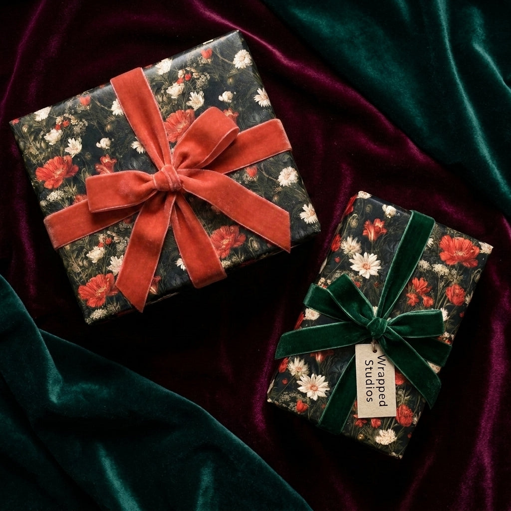 Luxury moody floral wrapping paper with velvet ribbons by Wrapped Studios.