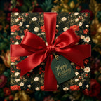 Vintage floral birthday wrapping paper with a red satin ribbon bow by Wrapped Studios.