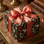 Luxury floral wrapping paper with vintage red poppies and a large satin bow on a gift box, by Wrapped Studios.