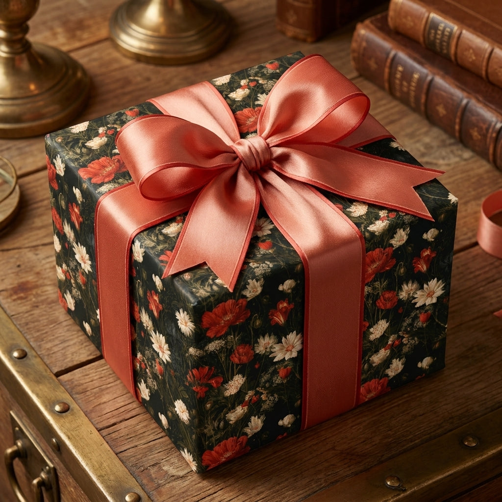 Luxury floral wrapping paper with vintage red poppies and a large satin bow on a gift box, by Wrapped Studios.
