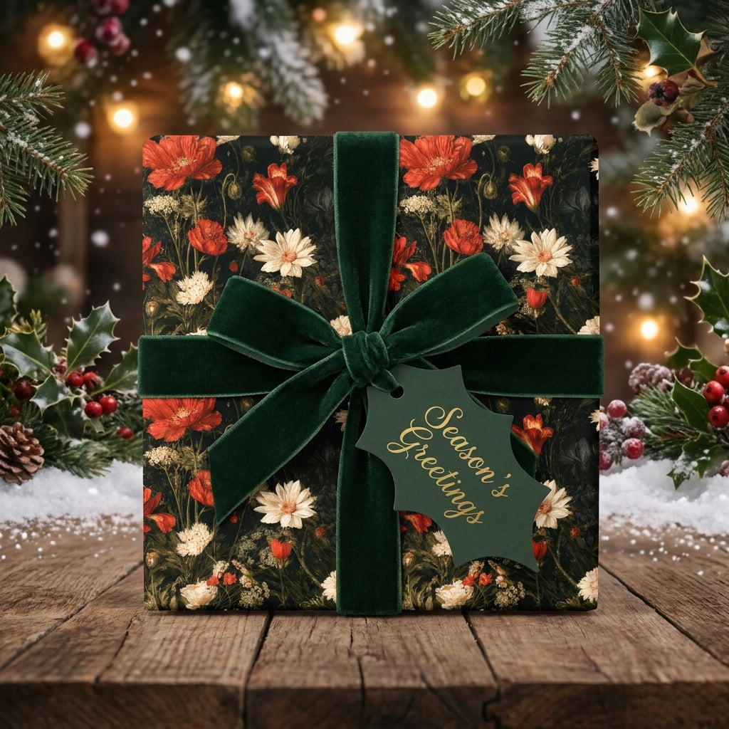 Luxury floral Christmas wrapping paper by Wrapped Studios with a green velvet bow in a winter setting.