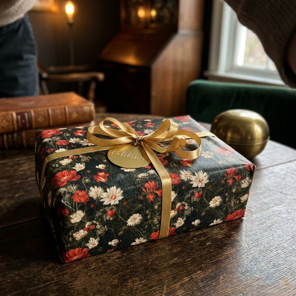 Vintage floral wrapping paper with red and white flowers and a gold ribbon by Wrapped Studios.