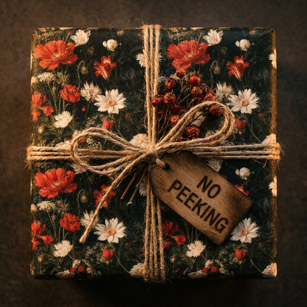 Vintage floral wrapping paper with red poppies, twine bow, and No Peeking tag by Wrapped Studios.