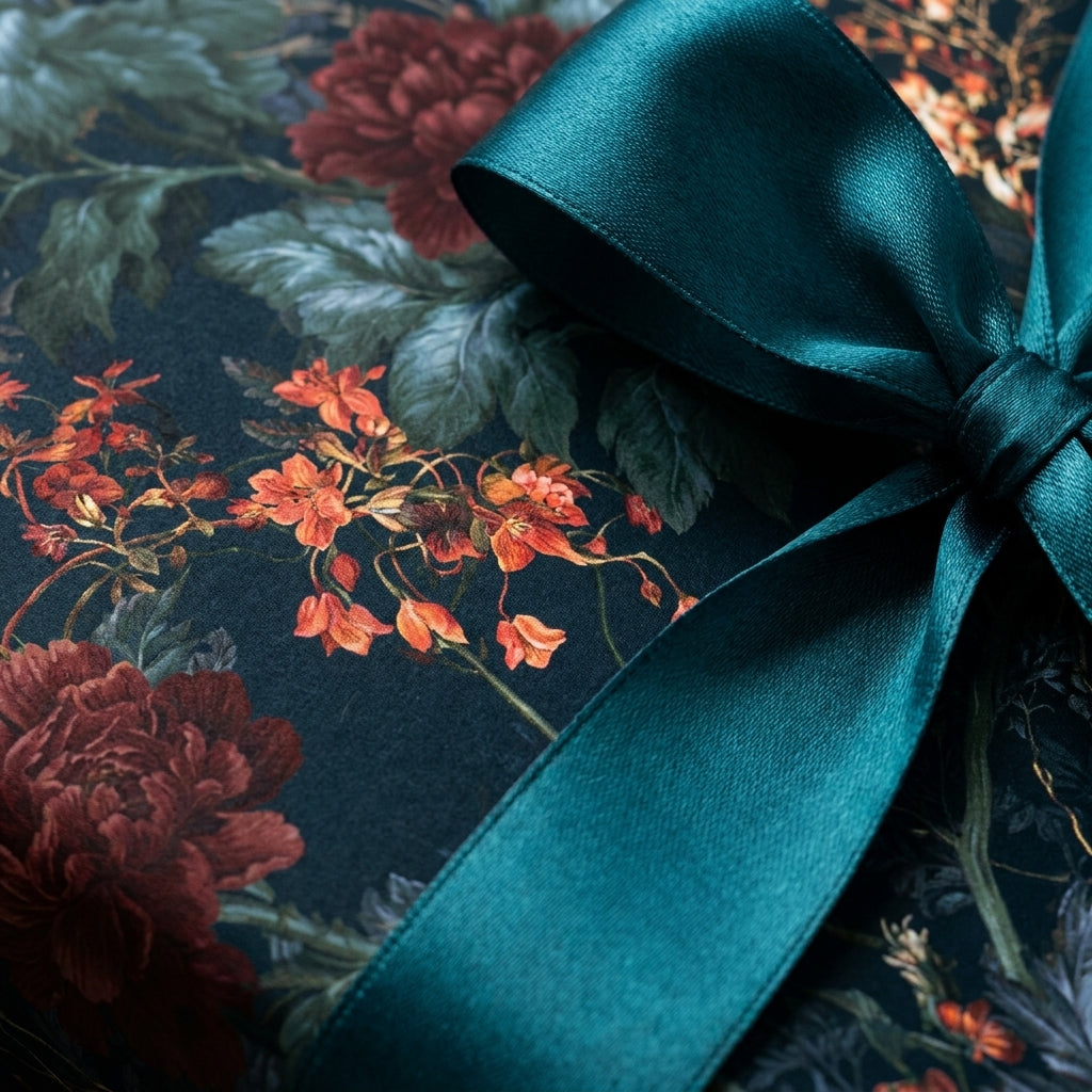 Luxury dark floral wrapping paper with a teal satin bow, elegant gift wrap by Wrapped Studios.