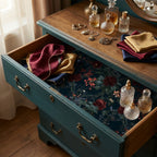 Moody floral wrapping paper used as a luxury drawer liner in a vintage dresser drawer, by Wrapped Studios.