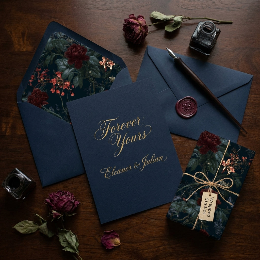 Moody floral wrapping paper on a small gift box with luxury wedding stationery by Wrapped Studios.
