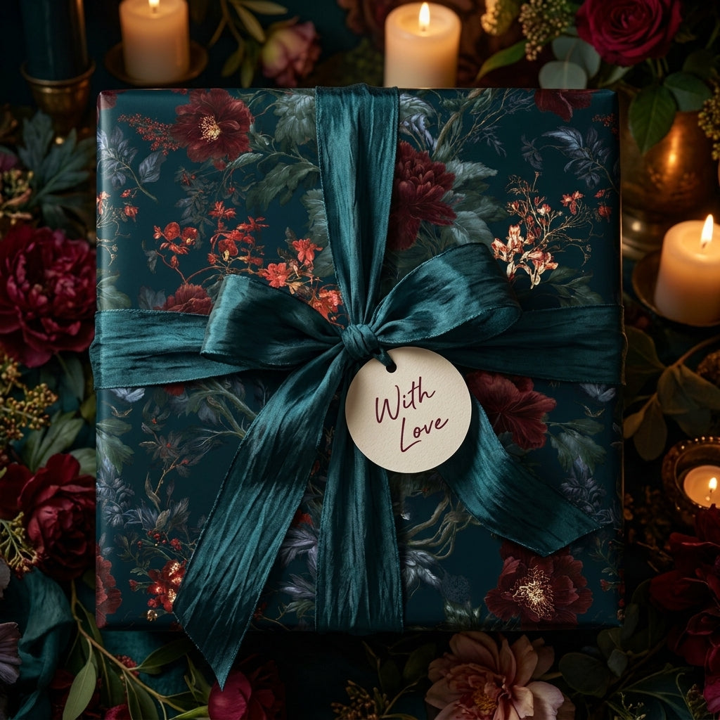 Luxury moody floral wrapping paper with a teal ribbon and gift tag by Wrapped Studios.