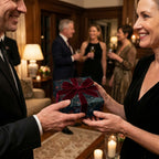 Luxury floral wrapping paper with a burgundy velvet bow exchanged at an elegant party by Wrapped Studios.