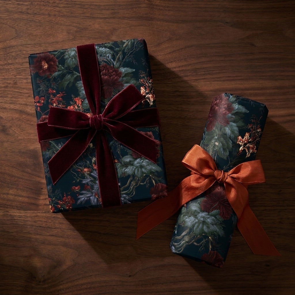 Moody floral wrapping paper with burgundy velvet ribbon on wood table by Wrapped Studios.