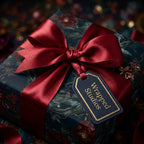 Luxury dark floral wrapping paper with red satin bow and Wrapped Studios tag.