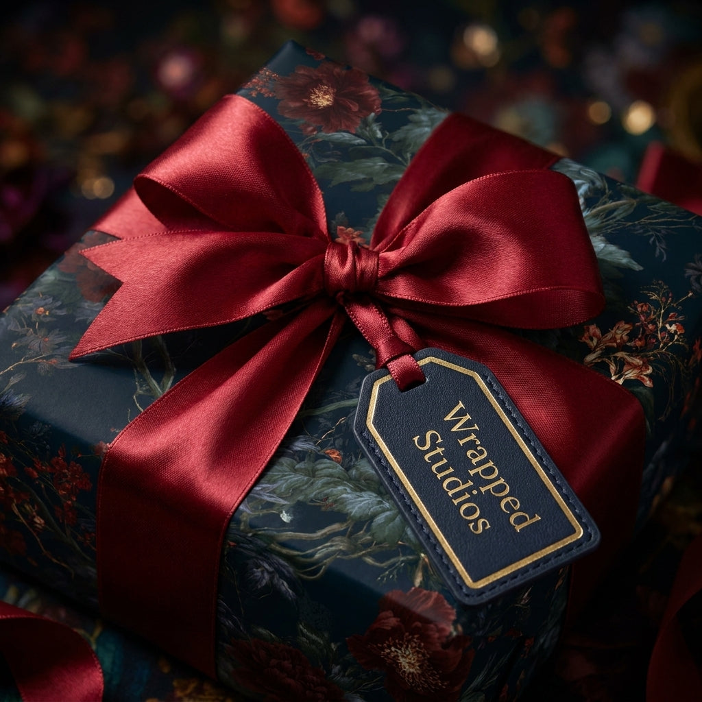 Luxury dark floral wrapping paper with red satin bow and Wrapped Studios tag.