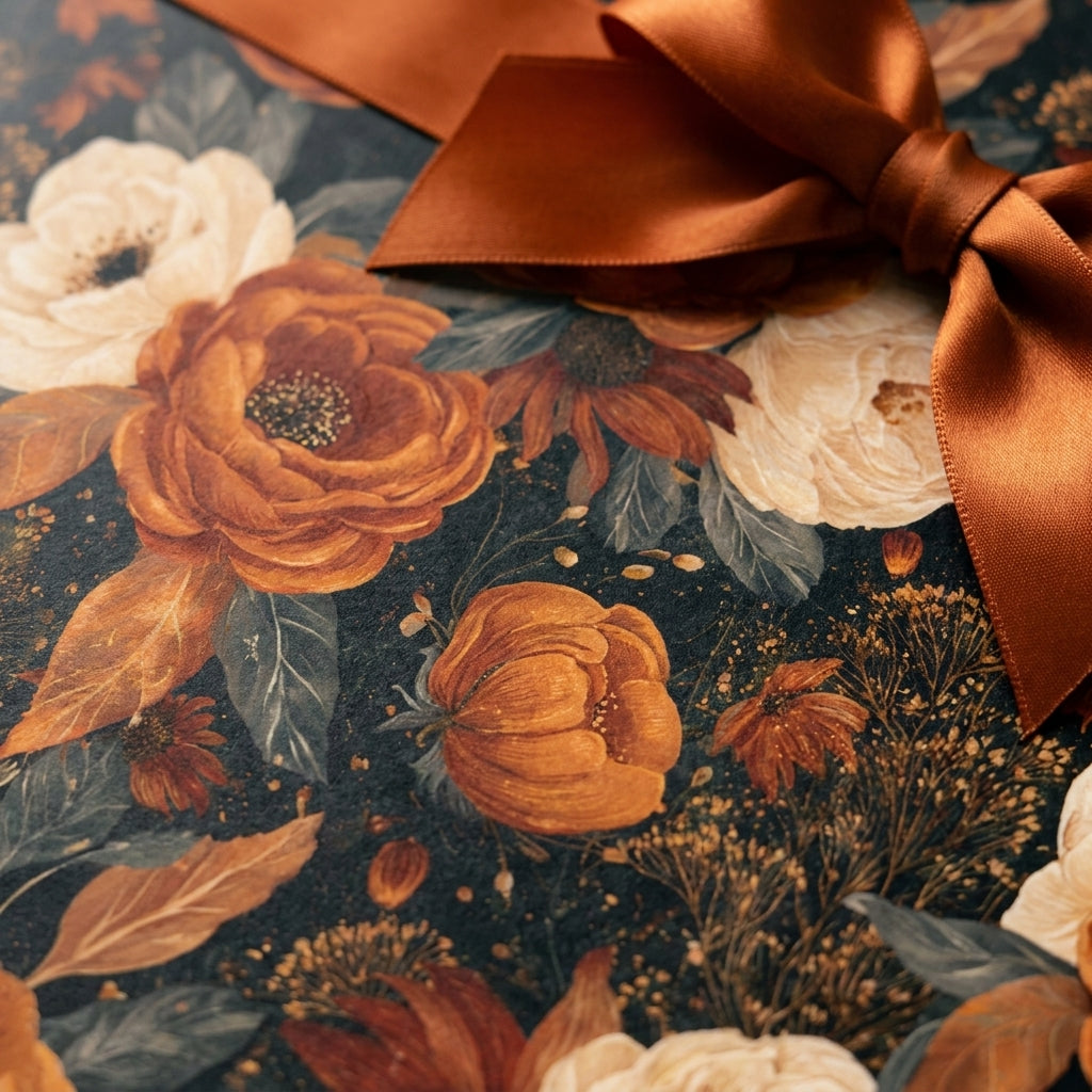 Luxury vintage floral gift wrap with burnt orange flowers and a satin copper ribbon by Wrapped Studios.